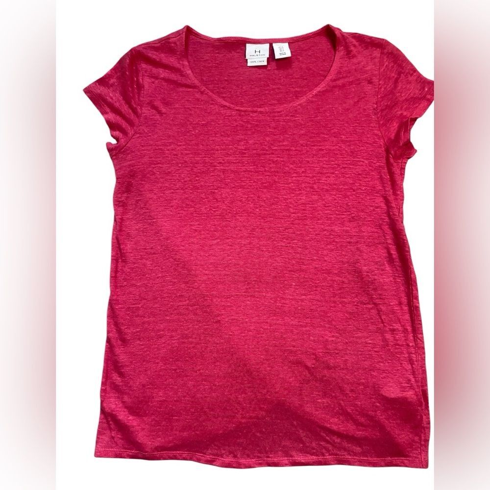 Halston Pink Crossover Back Linen Short Sleeve T-Shirt